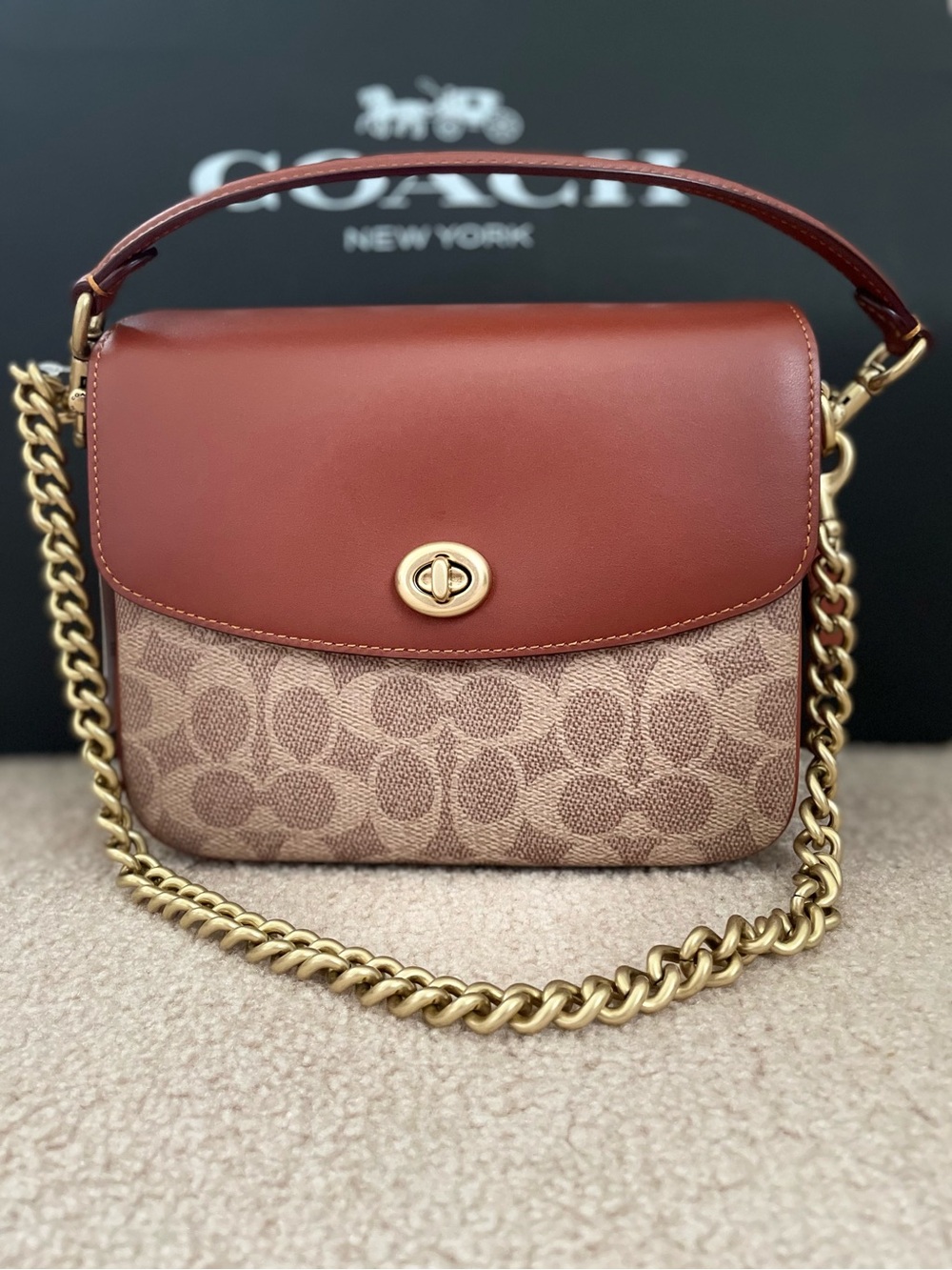 NWT COACH Cassie Sig C Crossbody Bag 19 In Tan Rust Canvas/Leather